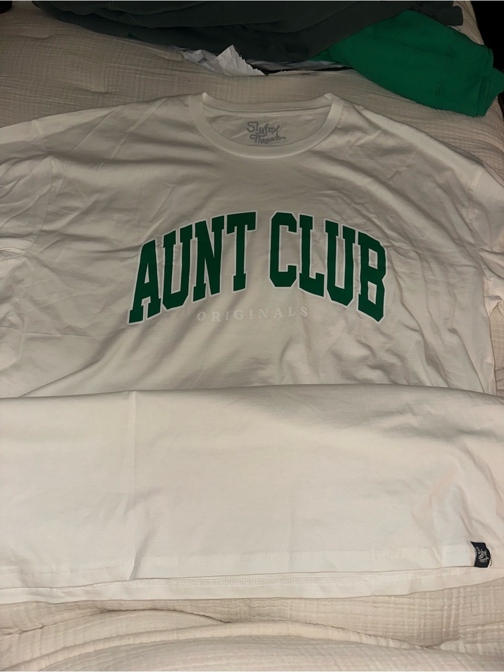 Slyfox Threads āAunt Clubā White Tee with Green Lettering - NWOT
